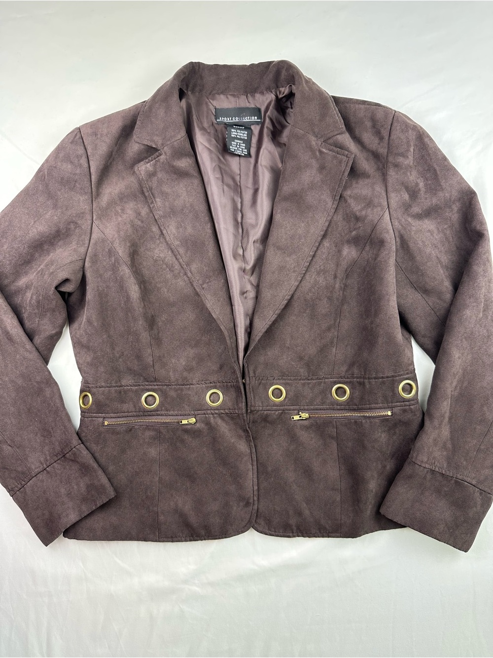 Vintage Y2K Brown Faux Suede Blazer Jacket Gold Grommet Sport Collection 12